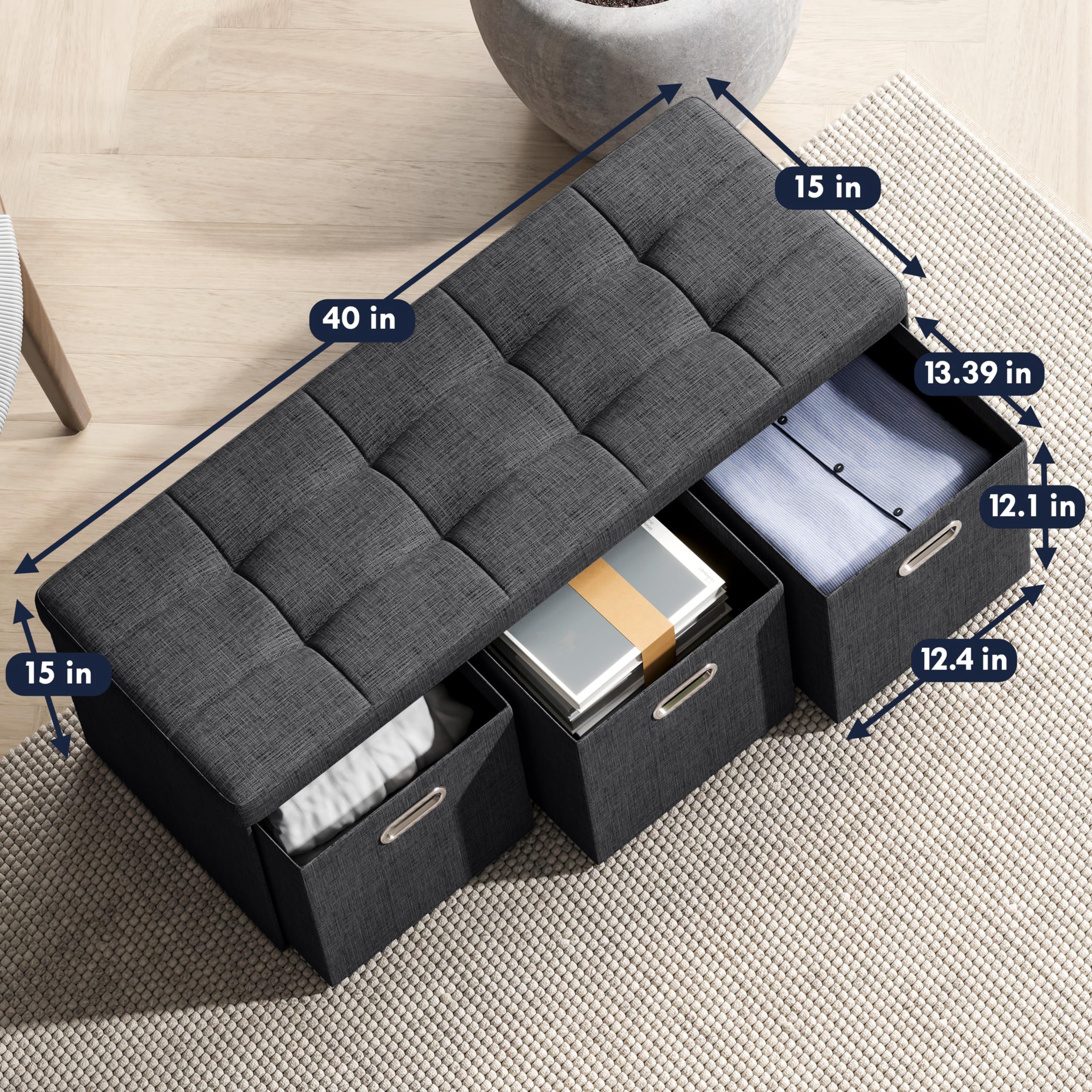 Multi-Functional Storage Ottoman 40 Inch, Foldable Tufted Linen Bench with 3 Cube Drawers, Foot Rest Seat for Living Room Bedroom, Black