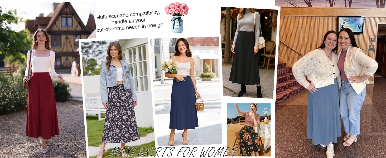 Fantaslook Long Skirts for women Boho Casual Maxi Skirt Trendy Elastic Waist Flowy Skirts with Pockets