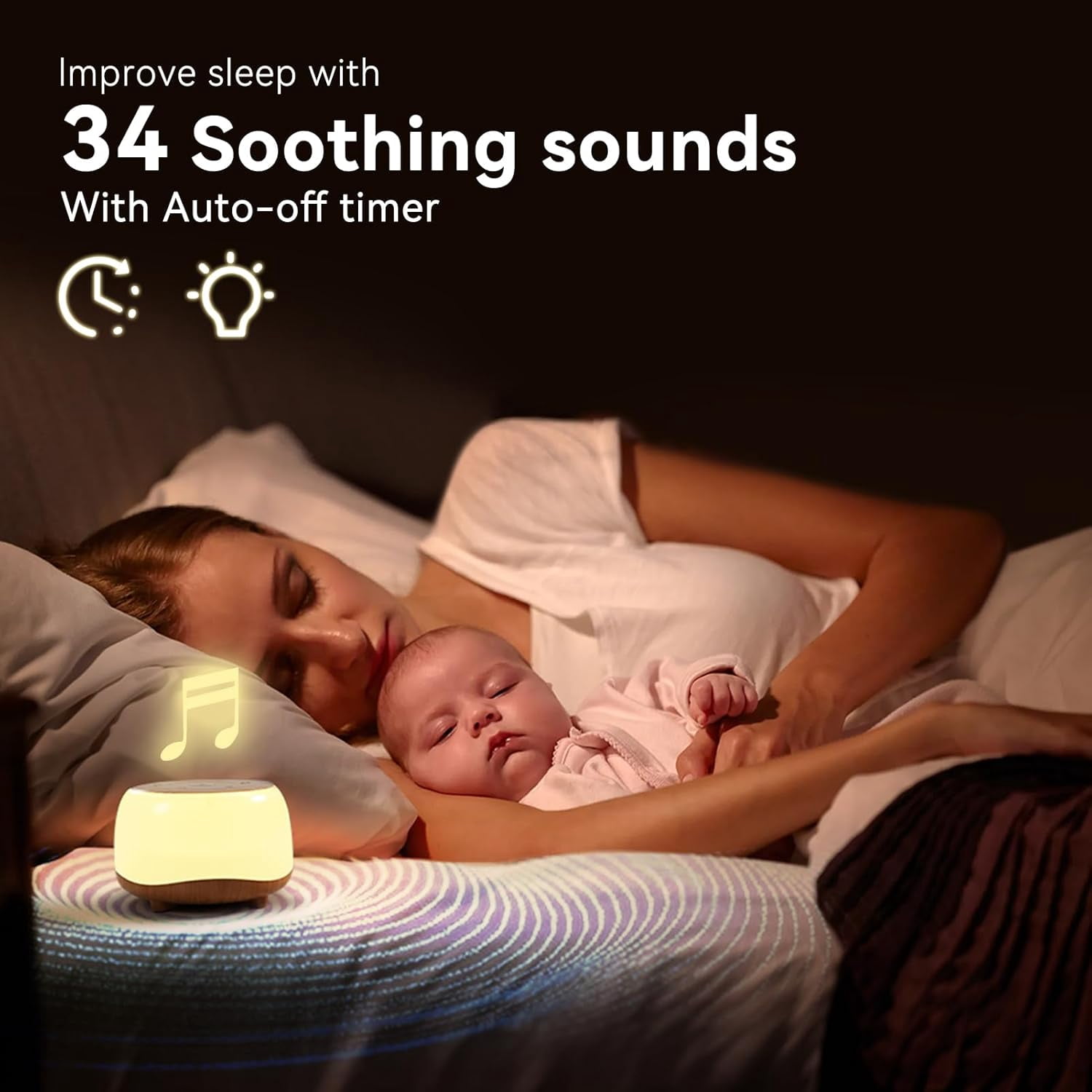 White Noise Sound Machine with 7 Colors Night Light 34 Soothing Sounds, Portable Sound Machine for Baby Adults Kids Sleep with 30 Volume Levels 4 Timers Adjustable Brightness (White)
