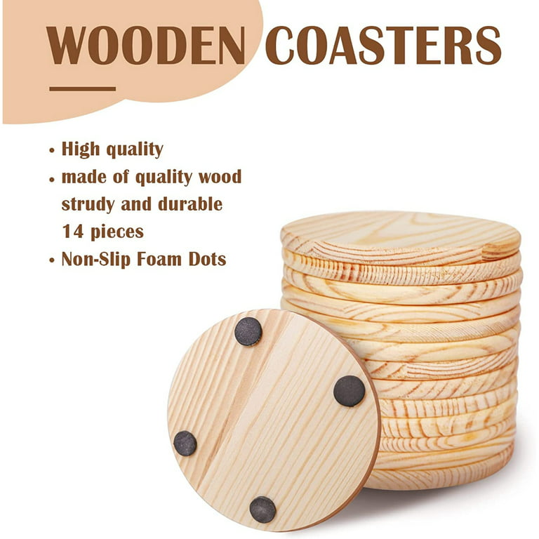 PEACNNG 14pcs Unfinished Wood Coasters, 4 Inch Round Blank Wooden Coasters  for Crafts with Non-Slip Silicon Dots for Painting Wood for Home Decoration  