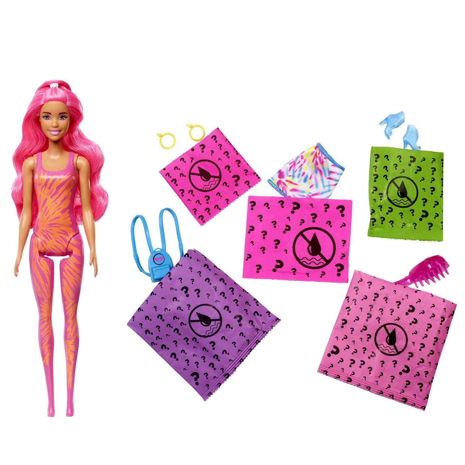 Barbie Color Reveal Poupée, 7 surprises, Série Tie-Dye Fluo