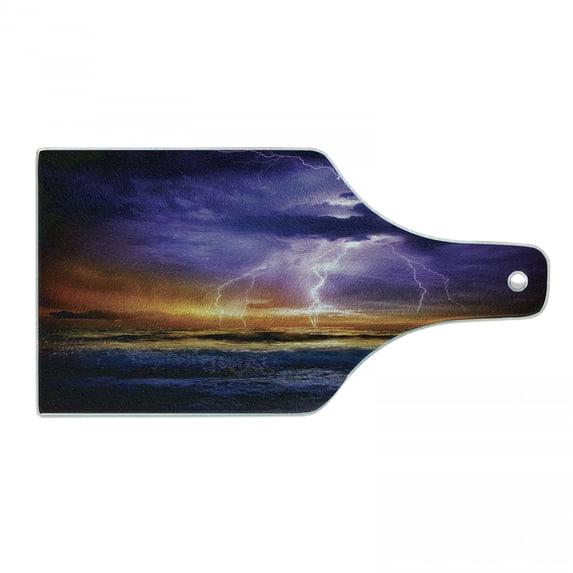 Nature Cutting Board, Epic Thunder and the Storm on the Sea Wave Horizon Bad Weather Atmosphere, Tempered Glass Cutting and Serving Board, Wine Bottle Shape, Purple and Orange, by Ambesonne