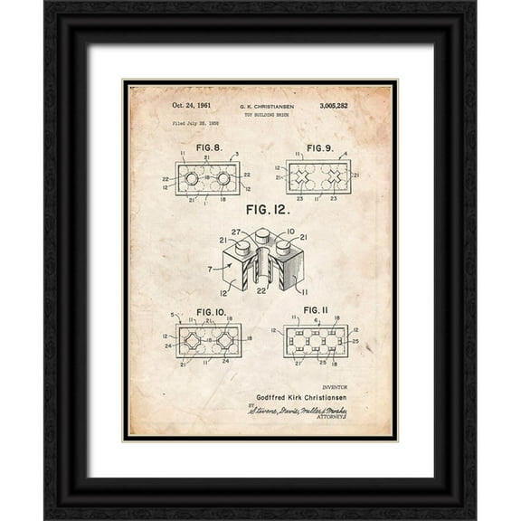 Borders, Cole 12x14 Black Ornate Wood Framed with Double Matting Museum Art Print Titled - PP919-Vintage Parchment Lego Building Brick Patent Poster