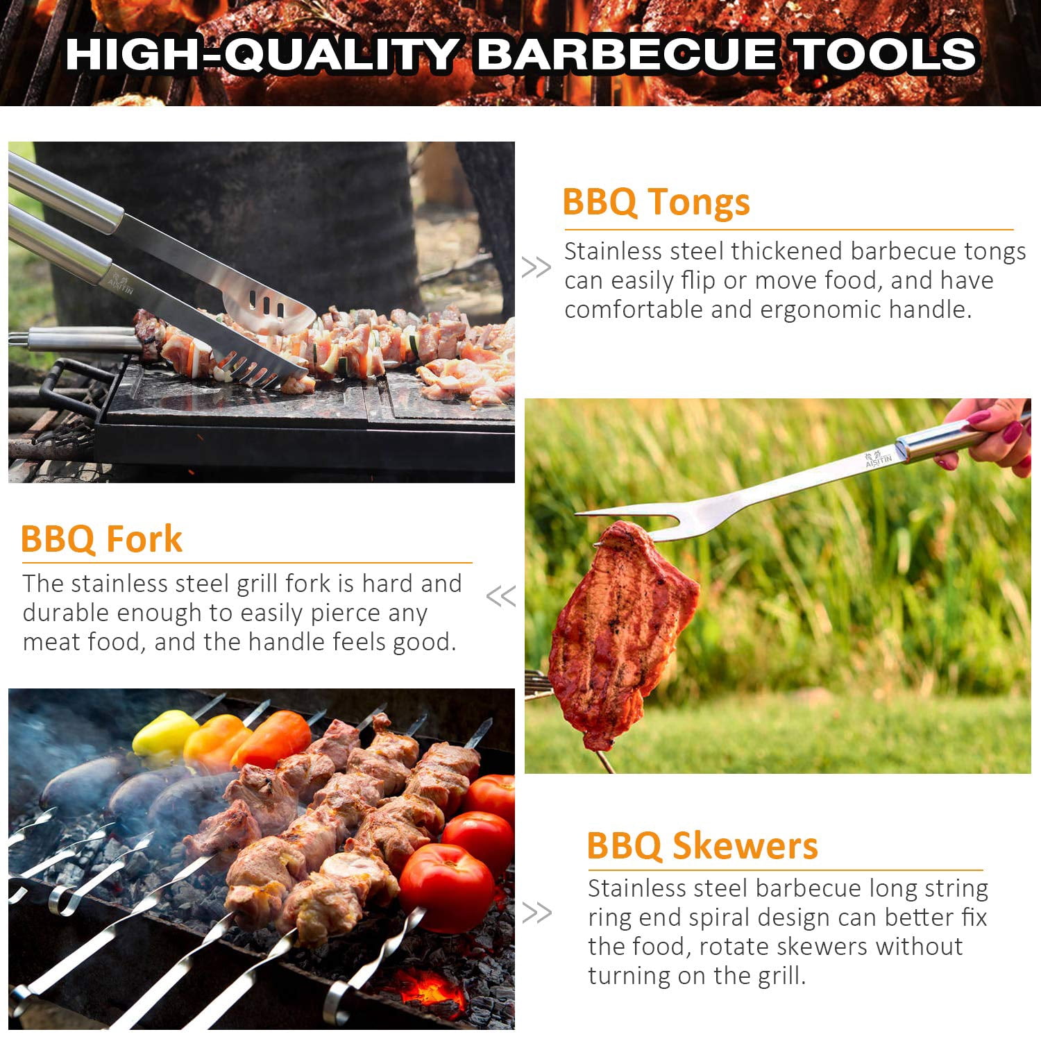 AISITIN  35Pcs BBQ Grill Grilling Accessories Tools Set, Barbecue Tool Sets with Thermometer, Steel Fork, Stainless Steel Tongs  BBQ Accessories for Grill Outdoor