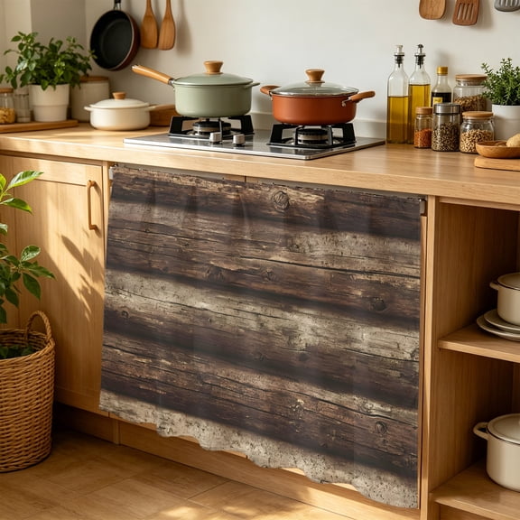 Rustic Brown Wood Grain Cabinet Curtains 35" W x 35" L, Vintage Farmhouse Striped Industrial Under-Desk Privacy Dust Proof Drape Dishwasher Curtain Sink Skirt for Kitchen Closet Bathroom Laundry