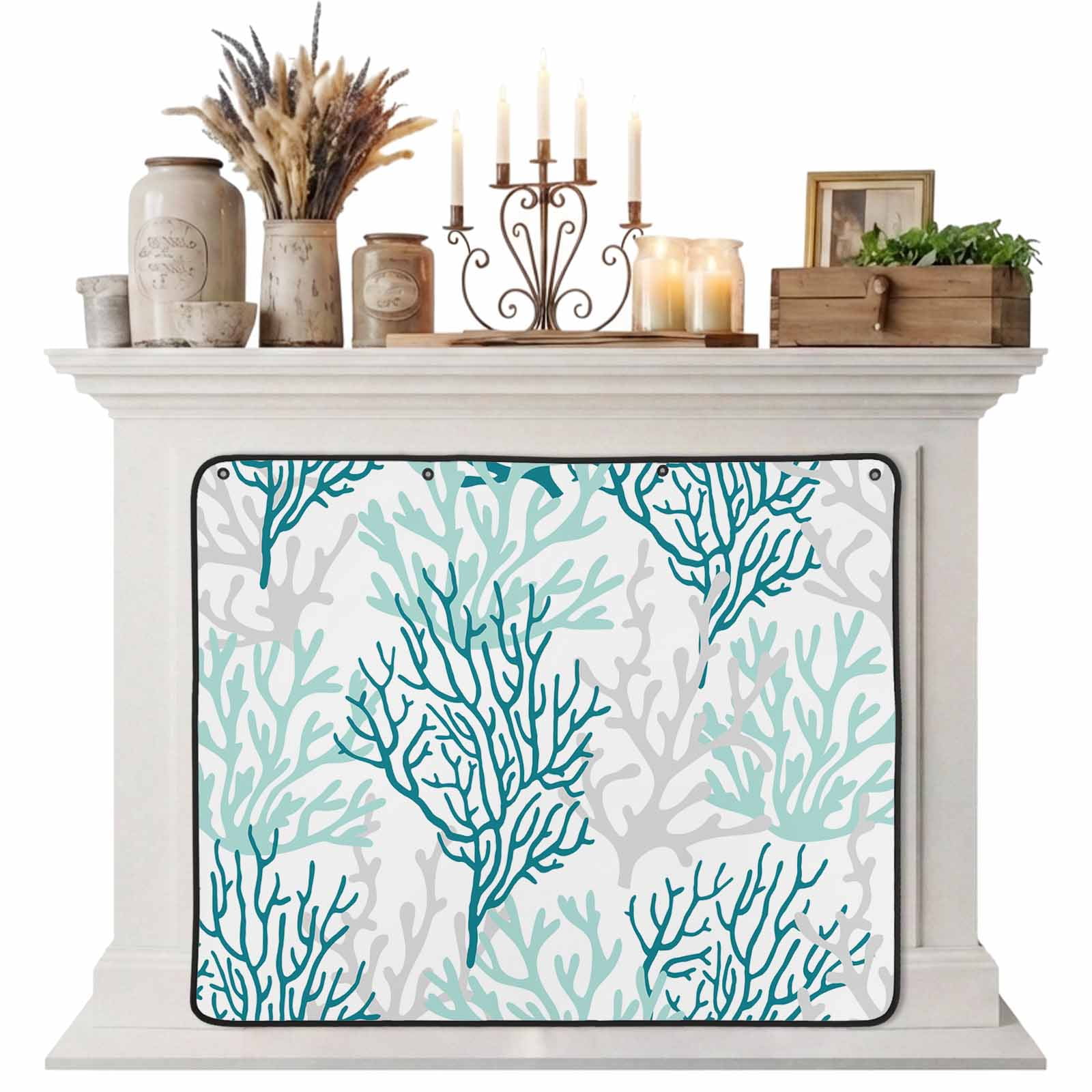 Teal Grey Coral Coastal Magnetic Fireplace Cover Fireplace Draft Blocker Summer Beach Seaside Nautical Fireplaces Blanket for Heat Loss/Cold Air Fireplaces Draft Stopper Cover for Inside 39 x32