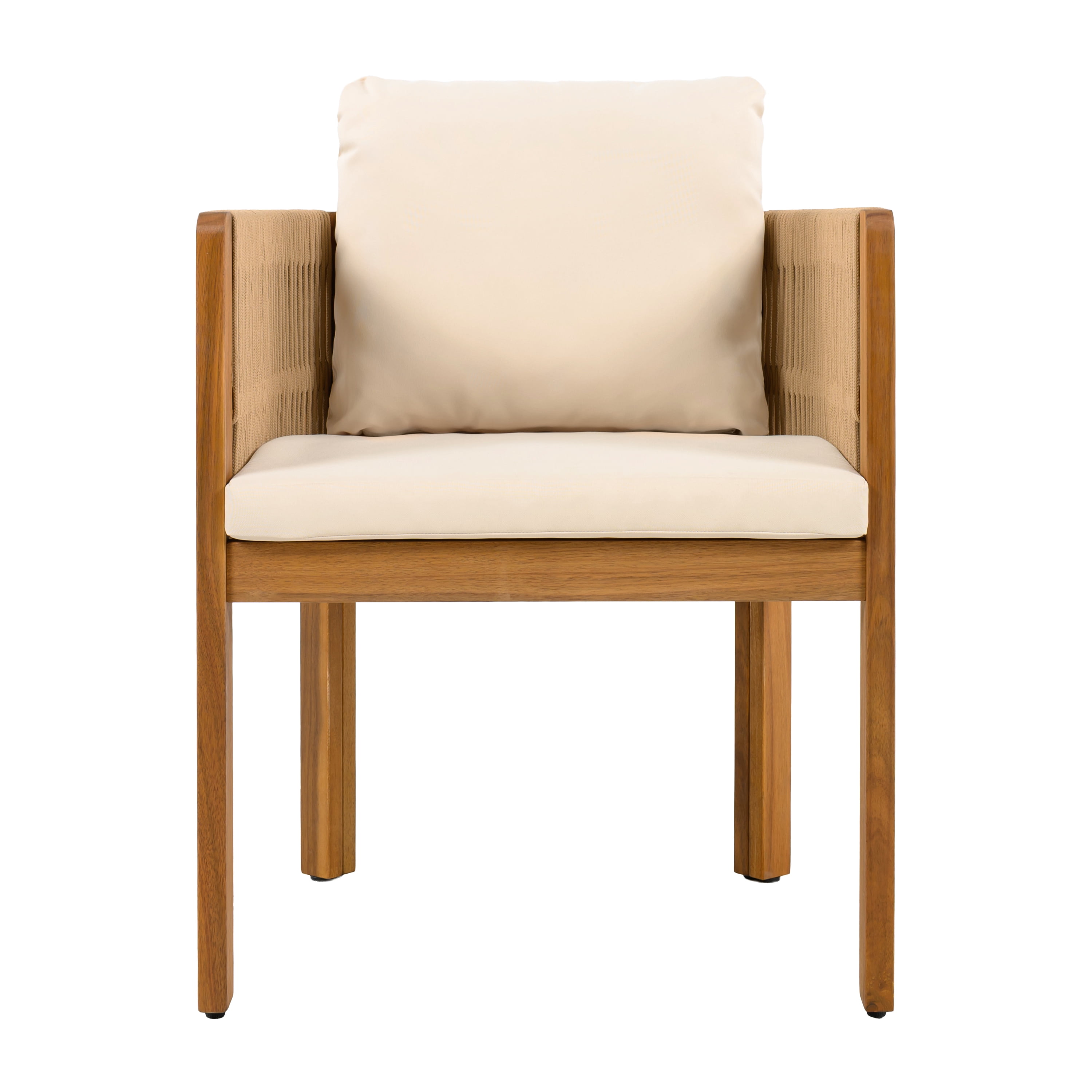 Acacia Wood Outdoor Dining Chairs Set of 2 with Brown Rope Handles Washable Waterproof Beige Cushions, Teak