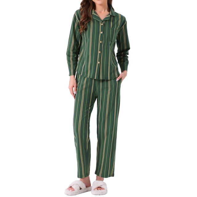 INSPIRAR CHIC Pijamas de Algodón para Mujeres, Con Botones, de Manga Larga, con Cuello Notch, Conjunto de 2 Piezas de Ropa de Casa con Bolsillos, S Verde