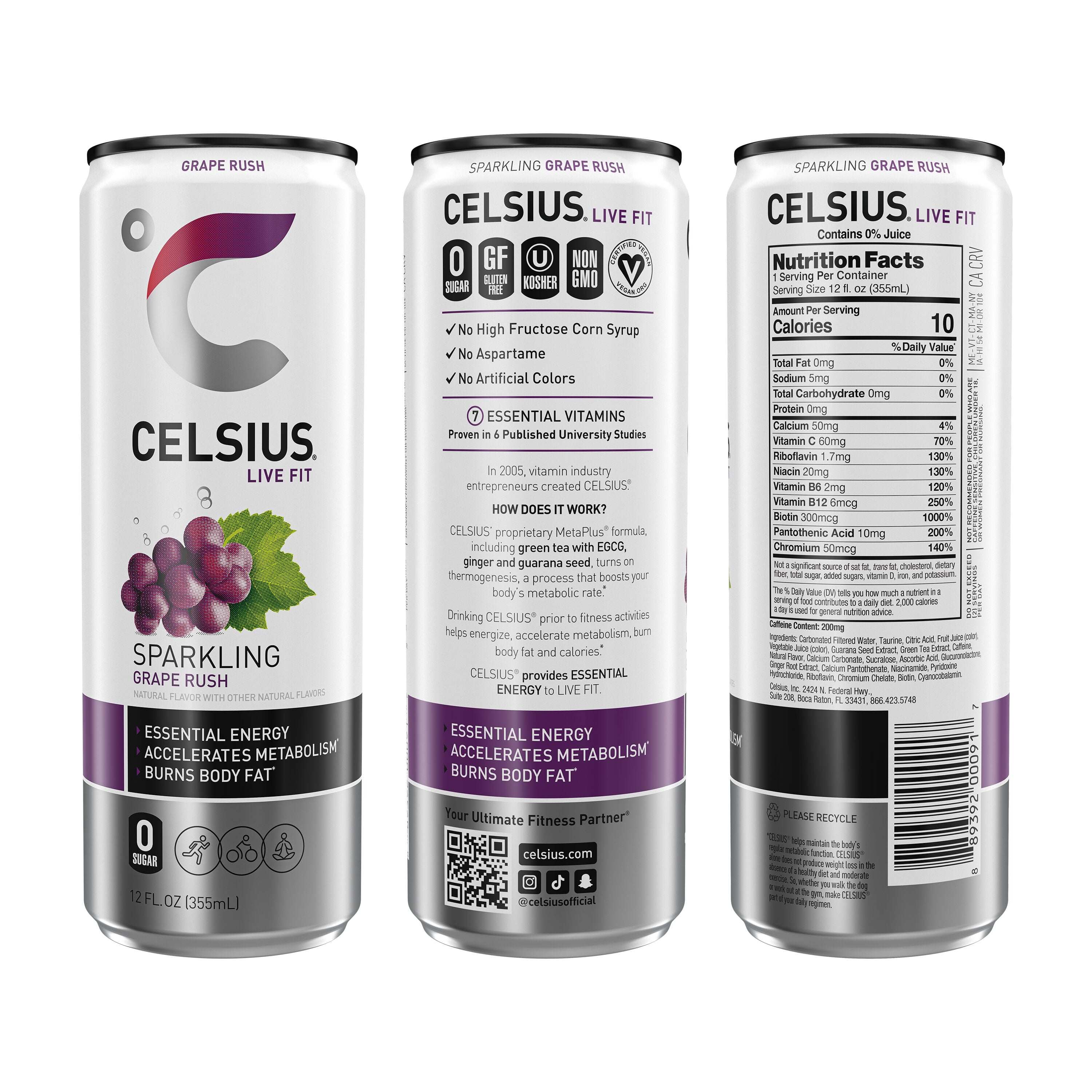 CELSIUS Sparkling Grape Rush, Functional Energy Drink 12 fl oz (Pack of 12)
