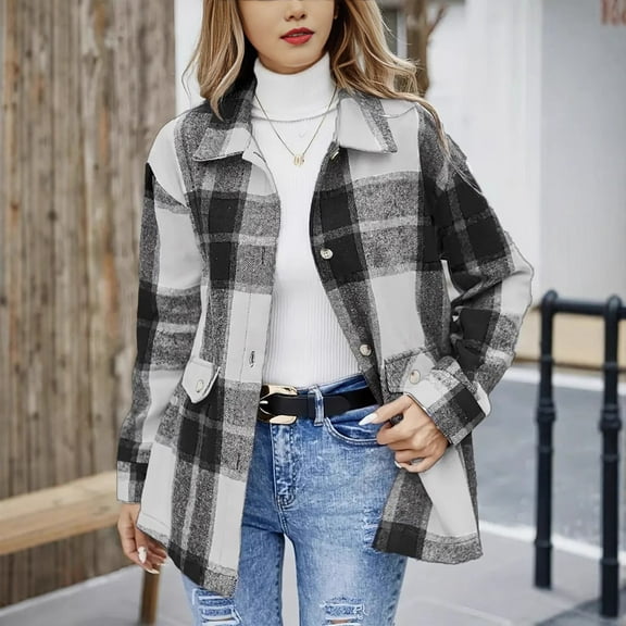 Baberdicy Women's Flannel Shacket, Thickened Plaid Long Sleeve Shirt Jacket for Casual Style , Plaid Flannel Shacket, Fleece-Lined Fall Shirt, Casual Outdoorshirt Black L