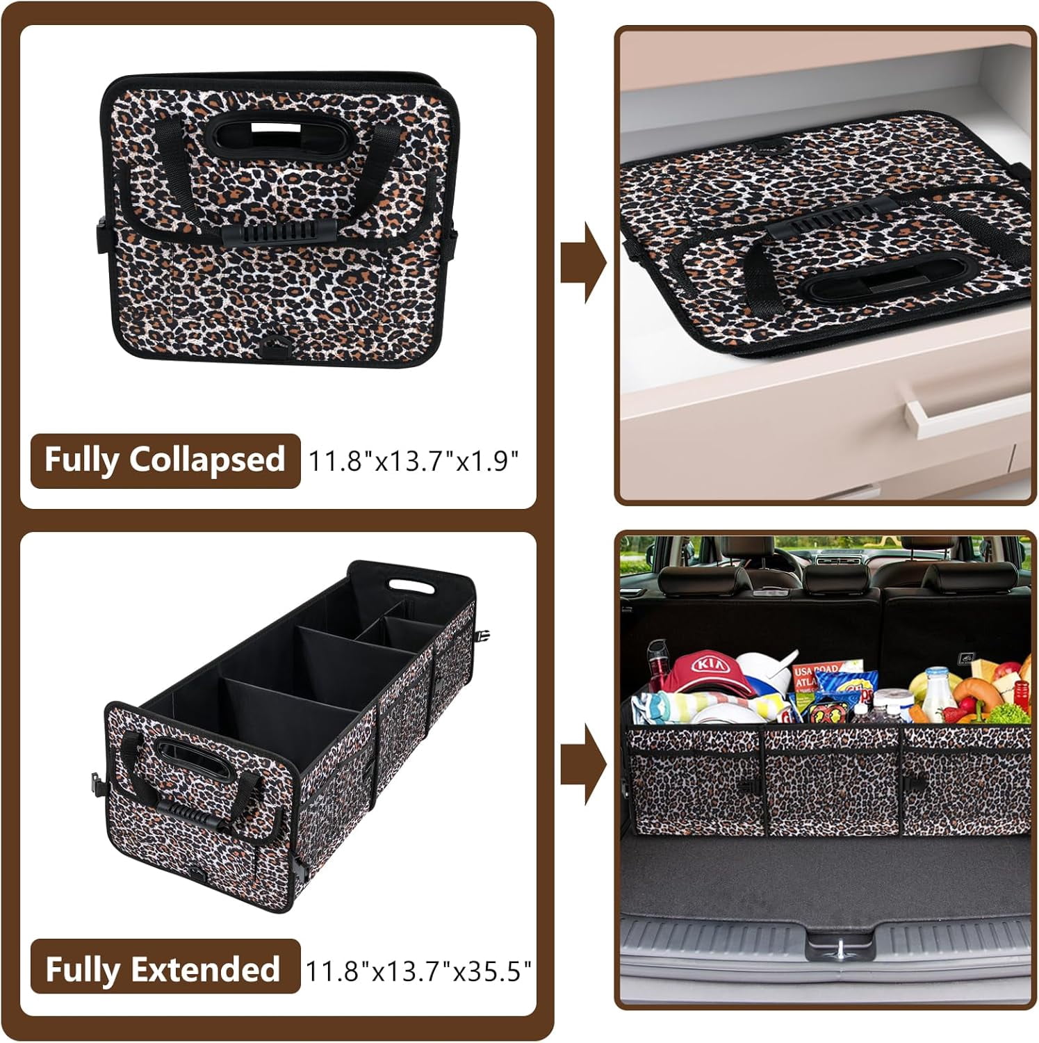 Leopard Print Trunk Organizer - 95L Large Capacity, Non-Slip Bottom, Waterproof, Portable Car Storage for SUV, Truck, Sedan
