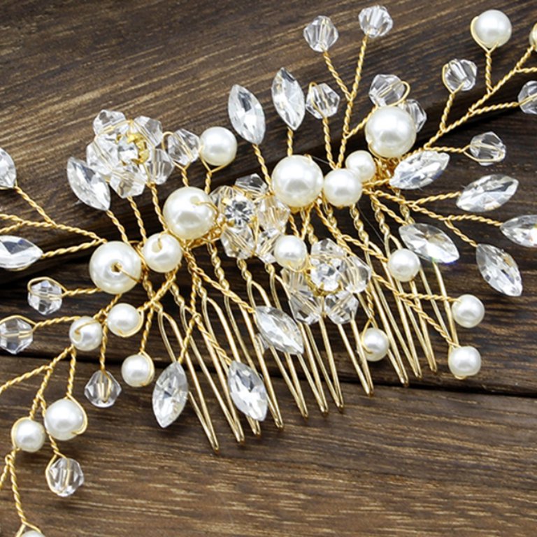 Pearl Crystal Hair Comb Simple Rhinestones Headdress Golden  display picture 3