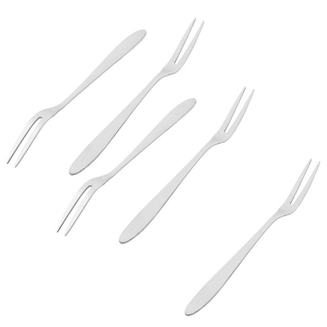 Unique Bargains Kitchen Stainless Steel Two Teeth Design Appetizer Cake Fruit Tasting Fork 5pcs