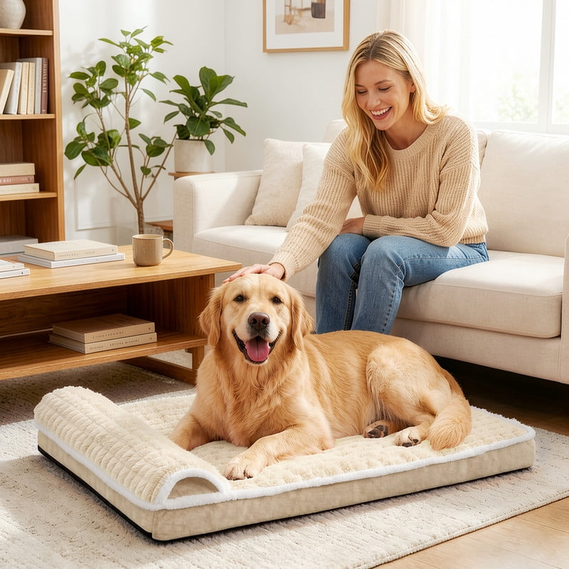 Exclusivo Mezcla Orthopedic Dog Bed with Head Pillow for Extra Large Dogs, Removable and Machine-Washable Cover, 56"X40", Ivory