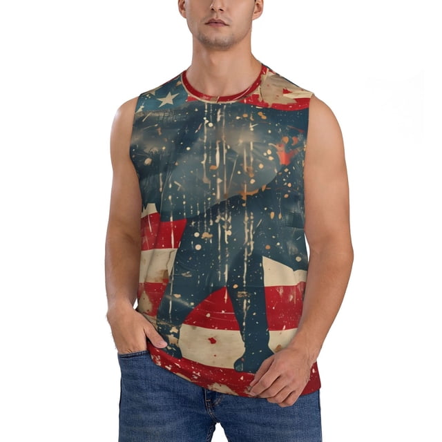 Fotbe Vintage American Flag Elephant Men's Camiseta sin Mangas Estampada para Hombres, Playera Casual para Gimnasio, Entrenamiento, Playa-Large