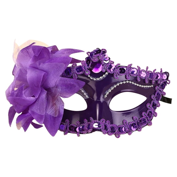 Glitter Carnival Dance Hanging Decoration Mardi Gras Supply with Sequins Rhinestones Decorative Steel Ball Lace and Poinsettia Flowers Venetian Carnival Accessory Party Ornament Supply(Purple)