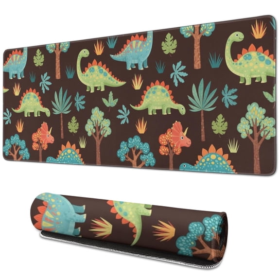 Long Mouse Pads for Desk,DarkBrown Cartoon Dinosaurs Forest Desk Mats on Top Of Desks, Desk Mouse Pad Extra Large with 3mm Non-Slip Base and Stitched Edge for Gaming,Work,Home 31.5"x11.8"
