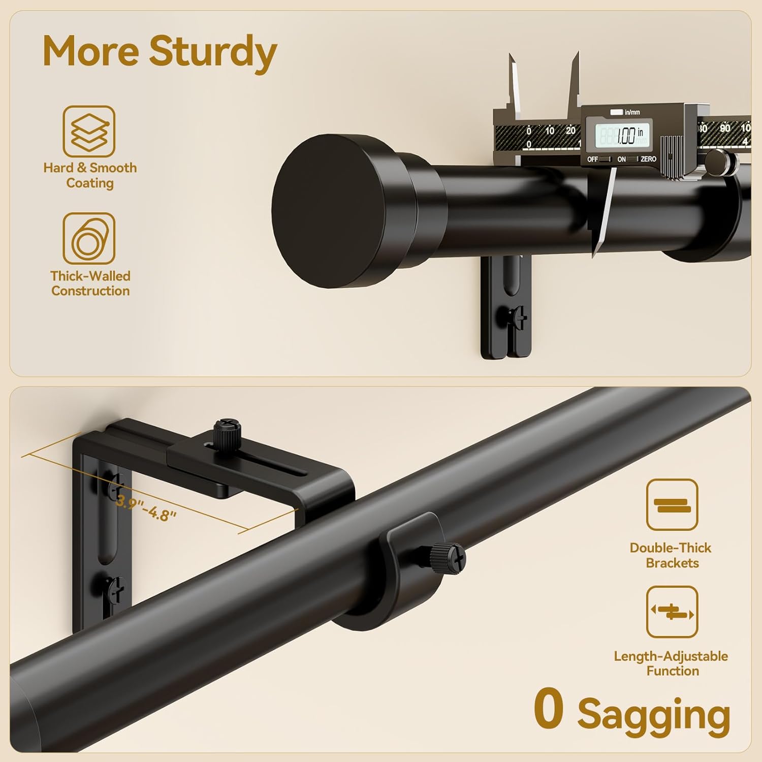 Square 2-Pcs Curtain Rod 32-144 Inch, Heavy Duty 1 Inch Adjustable Curtain Rods for Windows, Black Extra Long Window Treatment Rods, Modern Design, Easy Installation