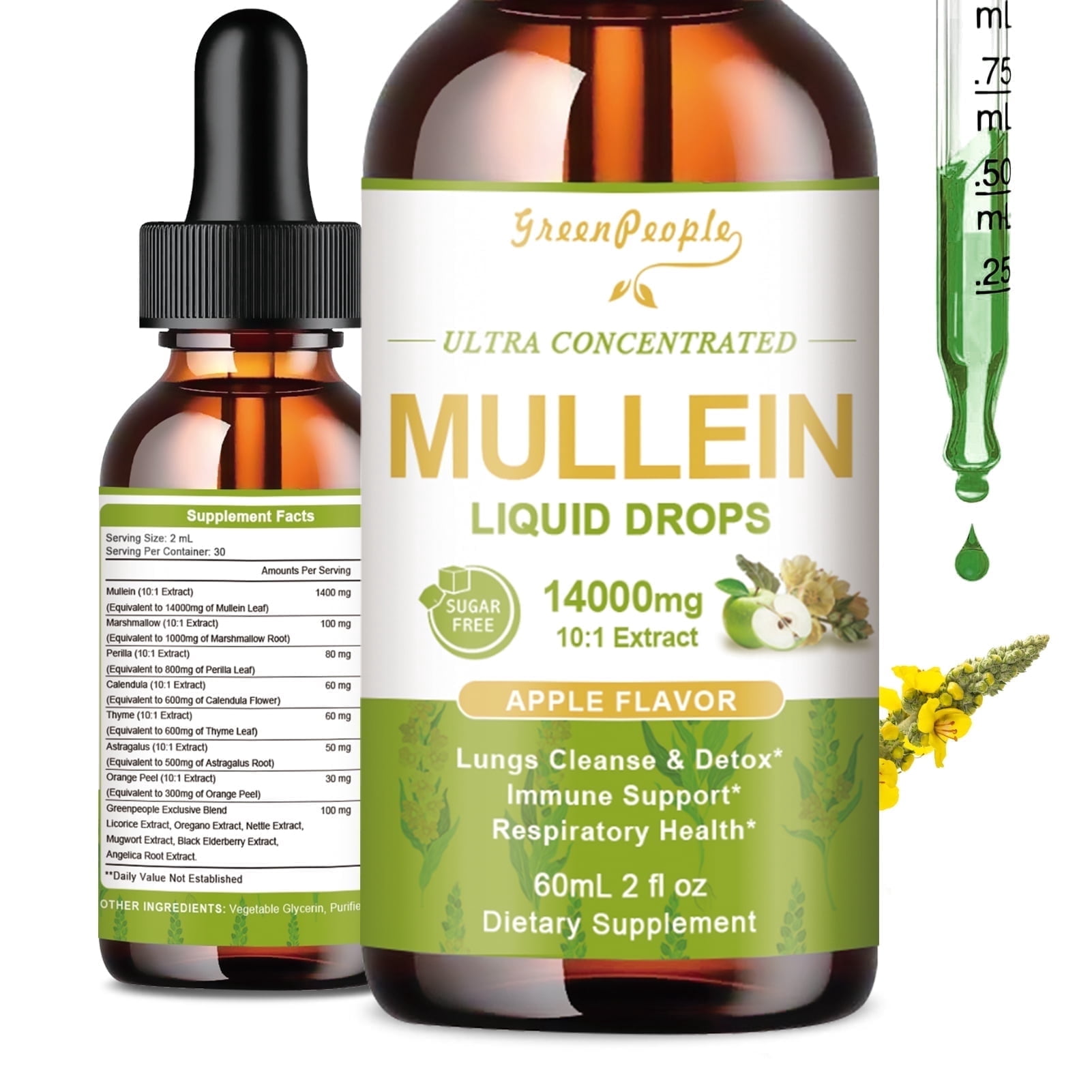 Mullein Drops 1400mg - 13-in-1 Herbal Mullein Leaf Extract Supplement - Apple Flavor - (2 fl oz / 60ml)