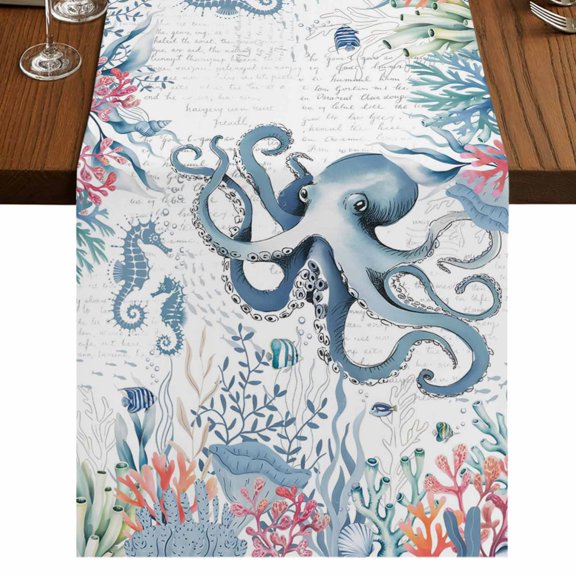 Table Runners 108 Inches Long Dress Scarves, Octopus Coastal Farmhouse Coffee/Dining/Kitchen Table Runner for Living Room, Beach Nautical Ocean Coral Seahorse Vintage 13x108 Inch