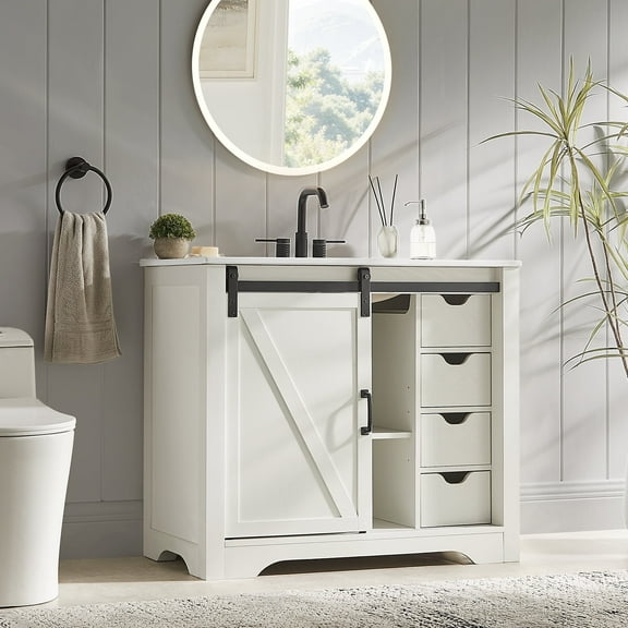 36 Inch Bathroom Vanity with Sink Combo, Farmhouse Single Sink Cabinet, Freestanding Modern Bathroom Storage Vanity Cabinet w/Sliding Barn Door, 4 Drawers & Adjustable Shelves (White)