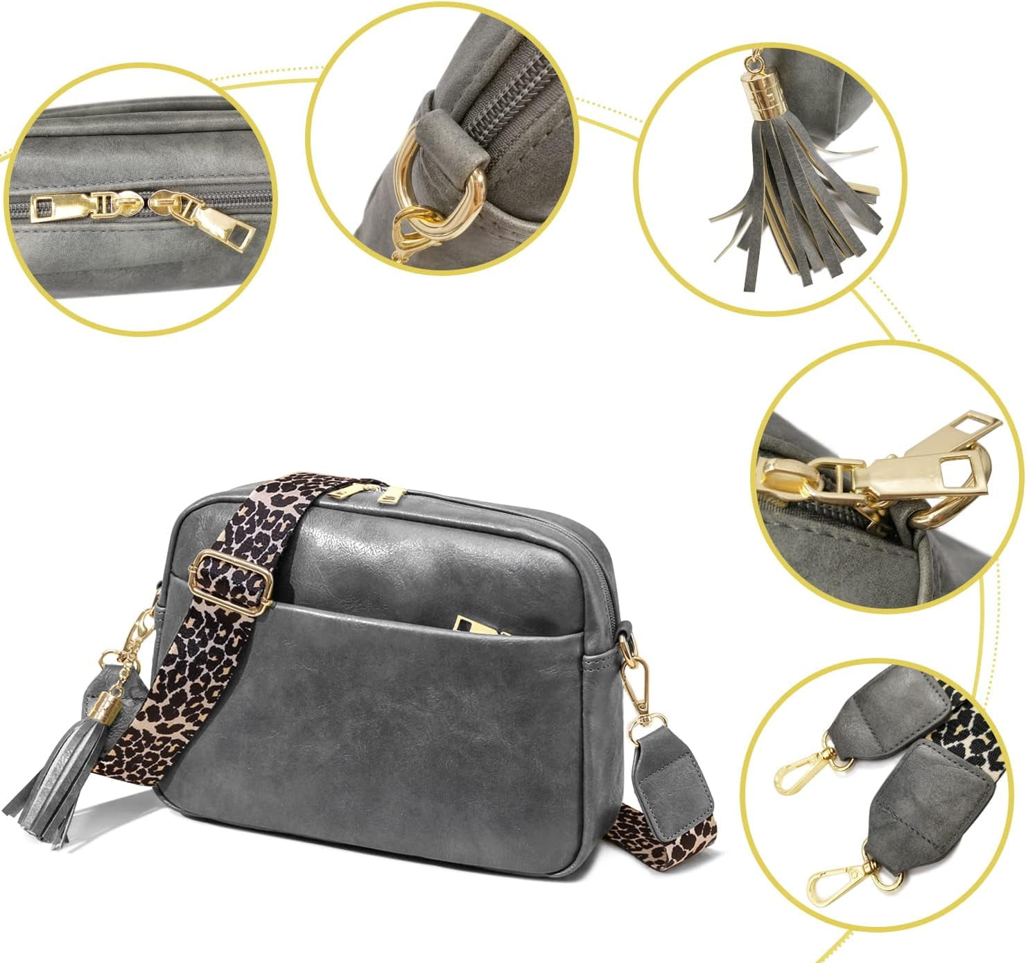 Crossbody Bag for Women Vegan Leather Shoulder Purse with Leopard Adjustable Strap Midsize Zipped Handbag
