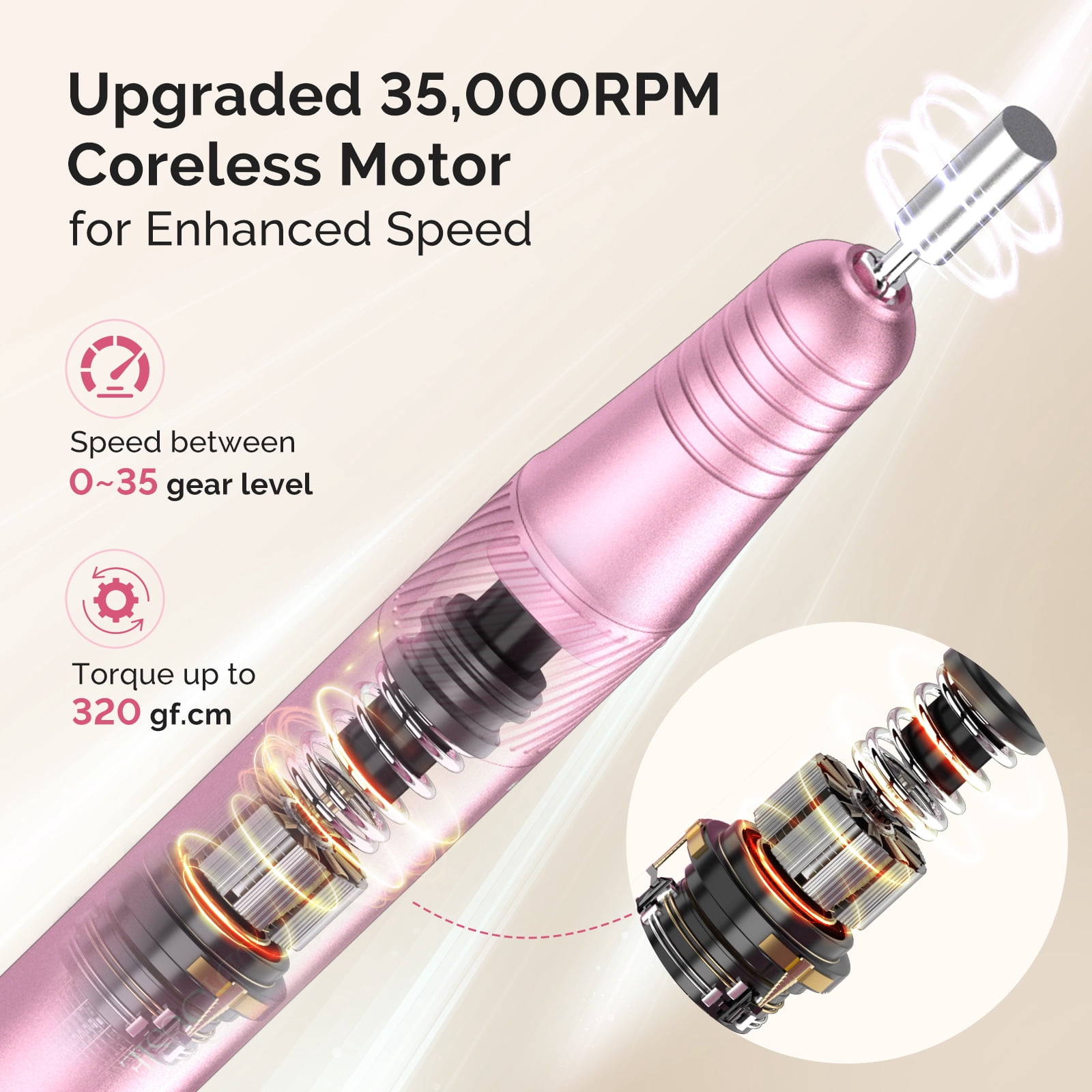 MelodySusie Upgraded Clip-On Cordless 2-in-1 Nail Drill with Tilted Display Design, SM320GW 35000RPM High-Efficiency E-File, Pink