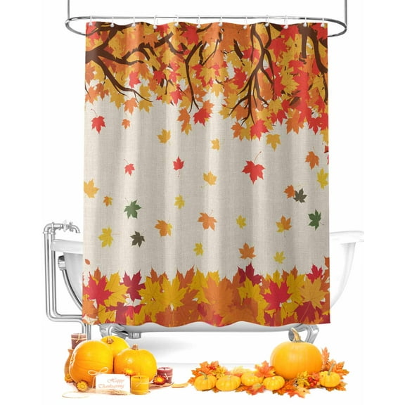 Fall Shower Curtain Orange Maple Leaf Bathroom Curtains with Hooks, Waterproof Fabric Autumn Fallen Leaves Linen Thanksgiving Bath Shower Curtains Set for Bathroom Bathtubs Decor 72x72 Inch