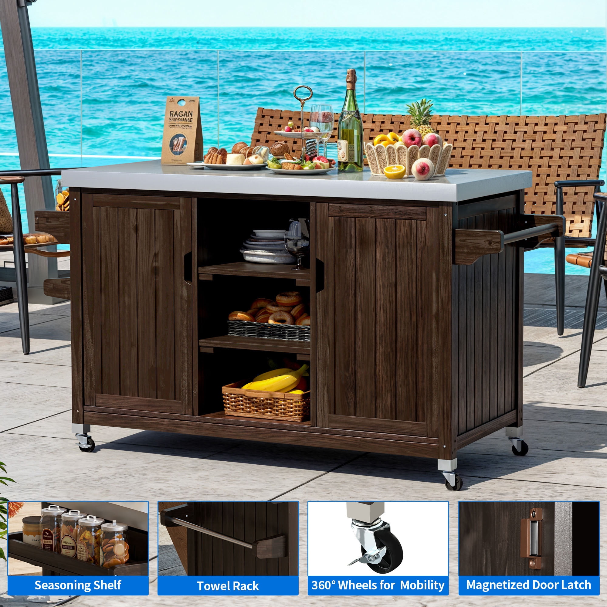 Uforic Outdoor Movable Grill Cart Storage Cabinet, MultiFunctional BBQ Grill Bar Cart, Bar, Prep Table, Rolling Kitchen Island - Brown