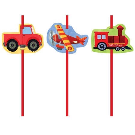 Club Pack of 144 Red On the Go Truck, Train and Plane Party Straws 8.5"