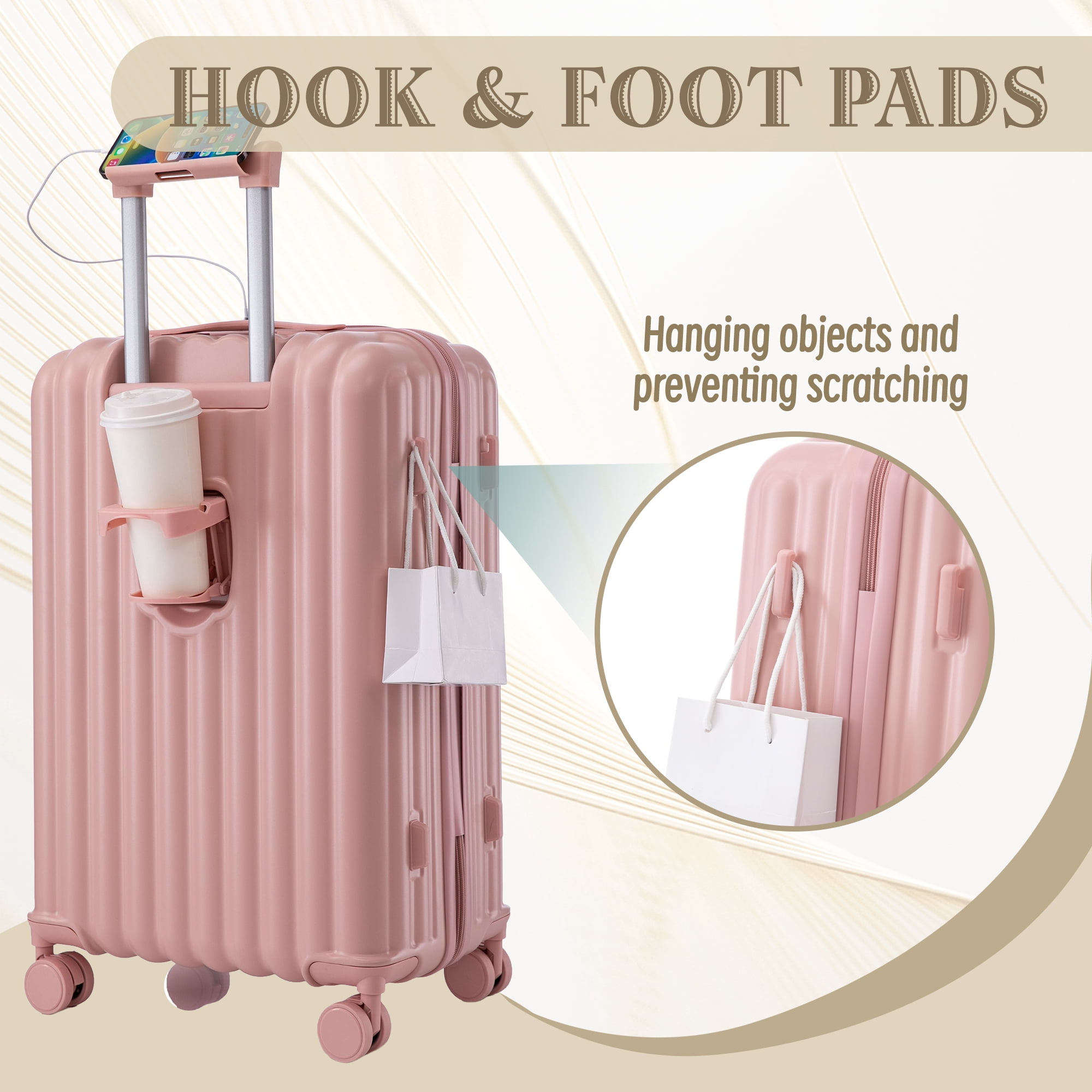 Alvantor 3 Piece Luggage Set, ABS Hardside Spinner Suitcase with USB & Cup Holder 20"24"28" (Pink)