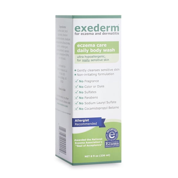 Exederm Body Wash para eccema y dermatitis, 8 onzas líquidas, gel de baño ultrasensible, no irritante, suave, hidratante, antipicazón, para piel seca, con picazón roja, hipoalergénico, sin sulfatos ni
