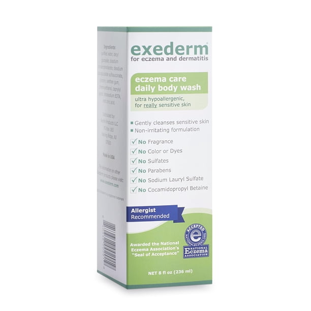 Exederm Body Wash para eccema y dermatitis, 8 onzas líquidas, gel de baño ultrasensible, no irritante, suave, hidratante, antipicazón, para piel seca, con picazón roja, hipoalergénico, sin sulfatos ni