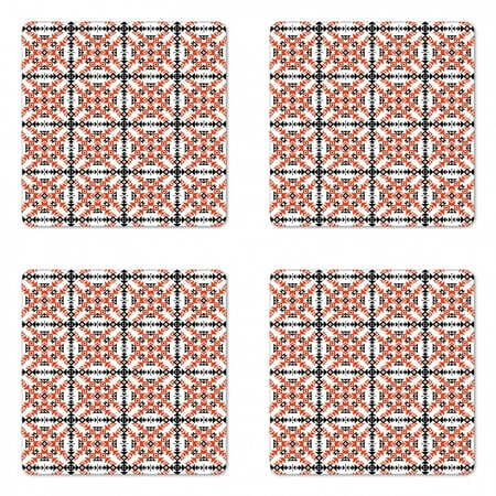 

Ethnic Coaster Set of 4 Primitive Cultural Style Retro Geometric Art Pattern Square Hardboard Gloss Coasters Standard Size Orange Black White by Ambesonne