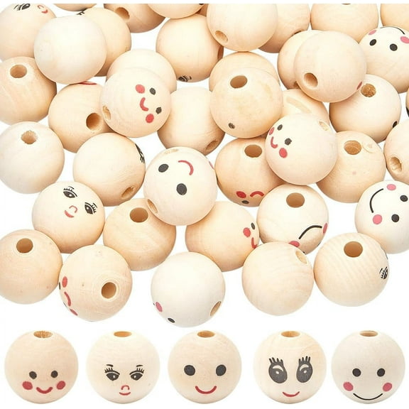 50Pcs 5 Styles Face Wooden Beads 25mm/1 inch Large Natural Wood Beads Round Ball Spacer Bead Face Printed Head Loose Beads with Hole