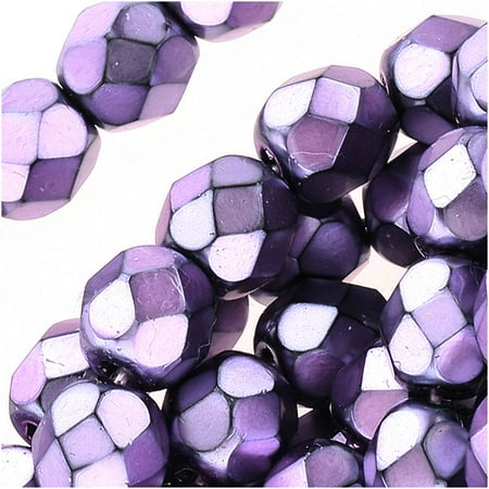 Czech Glass Bracelet - Czech Fire Polished Glass Beads 6mm Round Full Pearlized - Lilac On Jet (25)