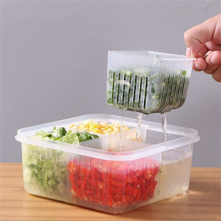 TRIANU Fridge Food Storage Containers with Lids Airtight Refrigerator Food  Fresh Box with 4 Pcs Detachable Drain Basket Vegetables Sealed Keeper for