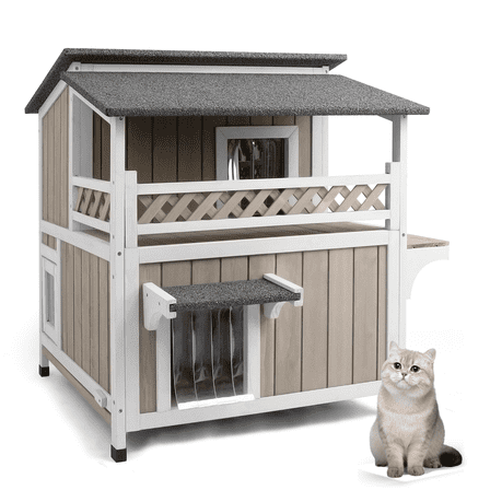PETSCOSSET 2-Story Outdoor Cat House with Split-Level Openable Asphalt Roof, Fir Wood Cat Condo with Balcony & Escape Door, Weatherproof Shelter with Removable Floors for Easy Cleaning