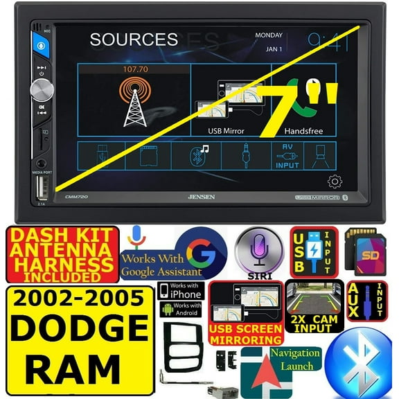 FITS 02-05 DODGE RAM AM/FM USB/BLUETOOTH TOUCHSCREEN CAR RADIO STEREO PKG.  INCLUDES VEHICLE SPECIFIC INSTALLATION HARDWARE INCLUDING DASH KIT, WIRE HARNESS, AND ANTENNA ADAPTER WHEN REQIRED.
