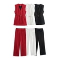 thumbnail image 2 of HH TRAF Conjunto de 2 piezas formado por camiseta y pantalón de pierna ancha, holgado, con cintura alta y cremallera lateral, sin mangas, con cinturón y bolsillo, escote en V y decorado para mujer, 2 of 4