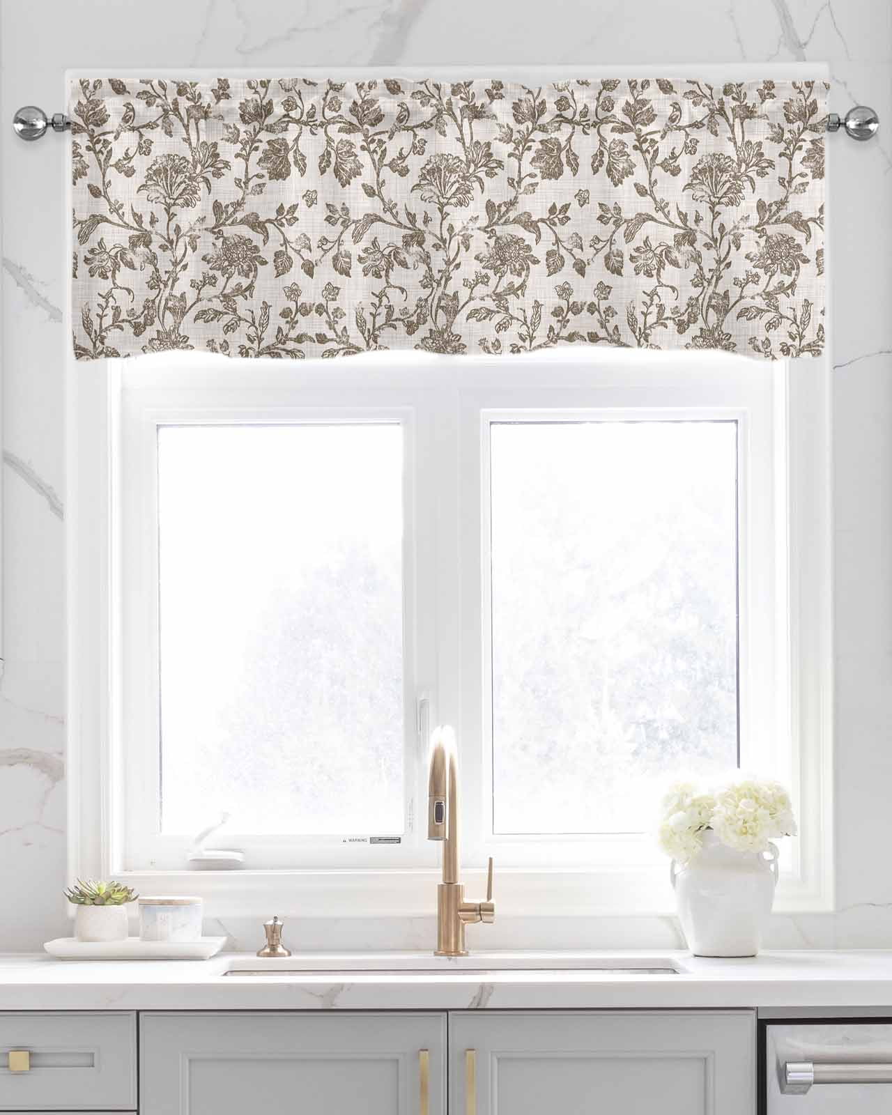 Farmhouse Brown Kitchen Valances for Windows Farmhouse Linen Window Valance Curtain for Living Room Window Treatment Vintage Flower Leaf Botanical Plant Valance Rod Pocket Topper Drape, 42 x 18 Inch