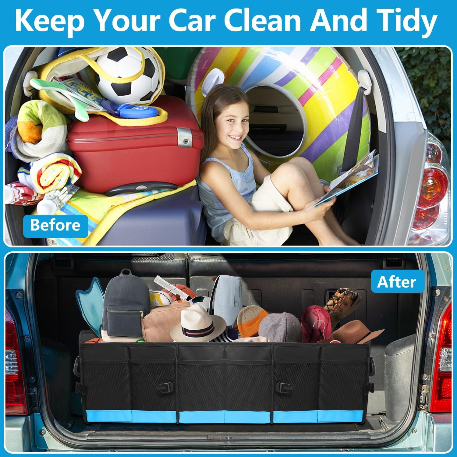 Trunk Organizer for Car, Car Storage Organizer with Non-Slip Bottom Strips, 95L Large Capacity Cargo Organizer for Suv, Truck, Sedan, Waterproof Portable Car Organizers for Women Men（Blue）