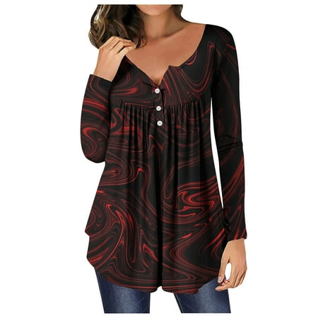 

Flowy Shirts for Women Hide Tummy Tops V Neck Button Henley T Shirts Casual Swing Blouses to Wear with Leggings