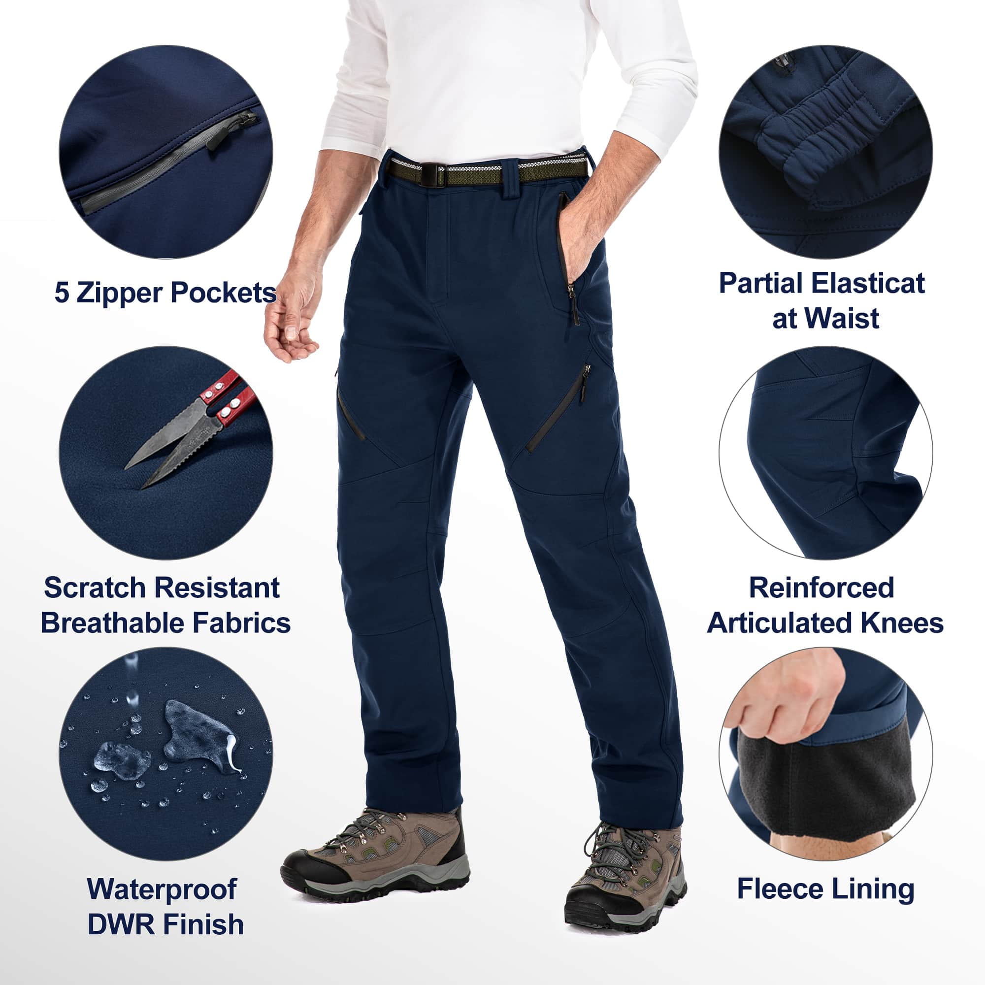 FEN AI Mens Fleece Lined Cargo Hiking Pants Windproof Warm Winter Pants for men Softshell Snow Skiing Trousers with 5 Zipper Pockets