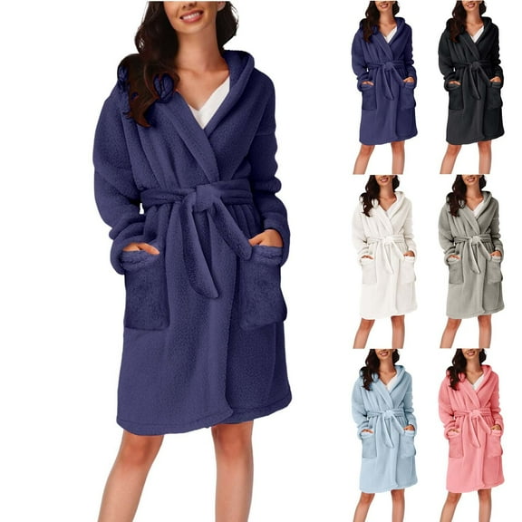 Solid Color Hooded Pajama Set Long Sleeve Pocket Design Knee Length Plush Robe