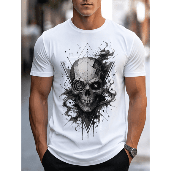 Men's Graphic Skull T-Shirt, Geometric Gothic Cyber Skull Print, Casual Short Sleeve Crew Neck Tee, Streetwear Fashion Summer Top