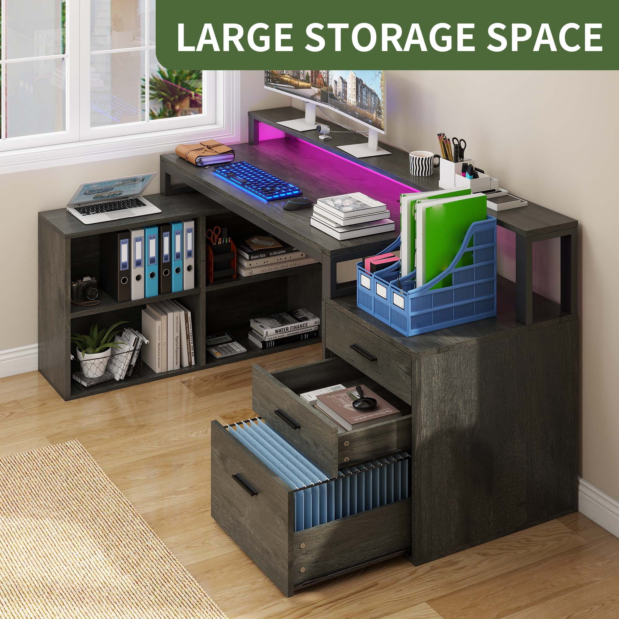 Uforic L Shaped Desk with LED Light & Power Outlets, Corner Computer Desk with Drawers & Open Storage Shelves, Gray