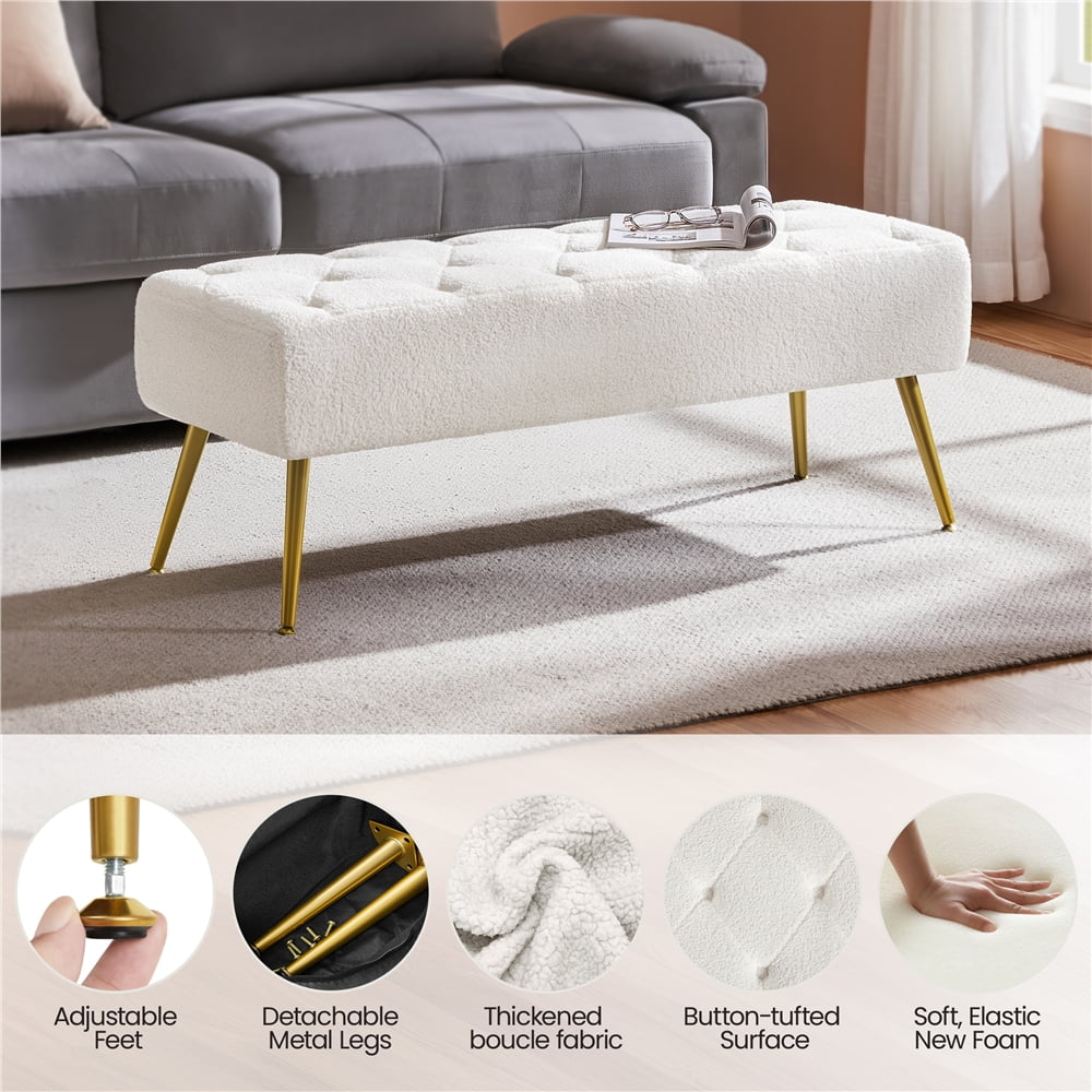 Yaheetech Boucle Upholstered Button Tufted Footstool Bench for Bedroom, Ivory