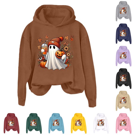 Yuhangmm Halloween Sweatshirts for Women Halloween Sweatshirt Letter Graphic Tee Oversized Pullovers Loose Tops with Cute Design Coffee XL