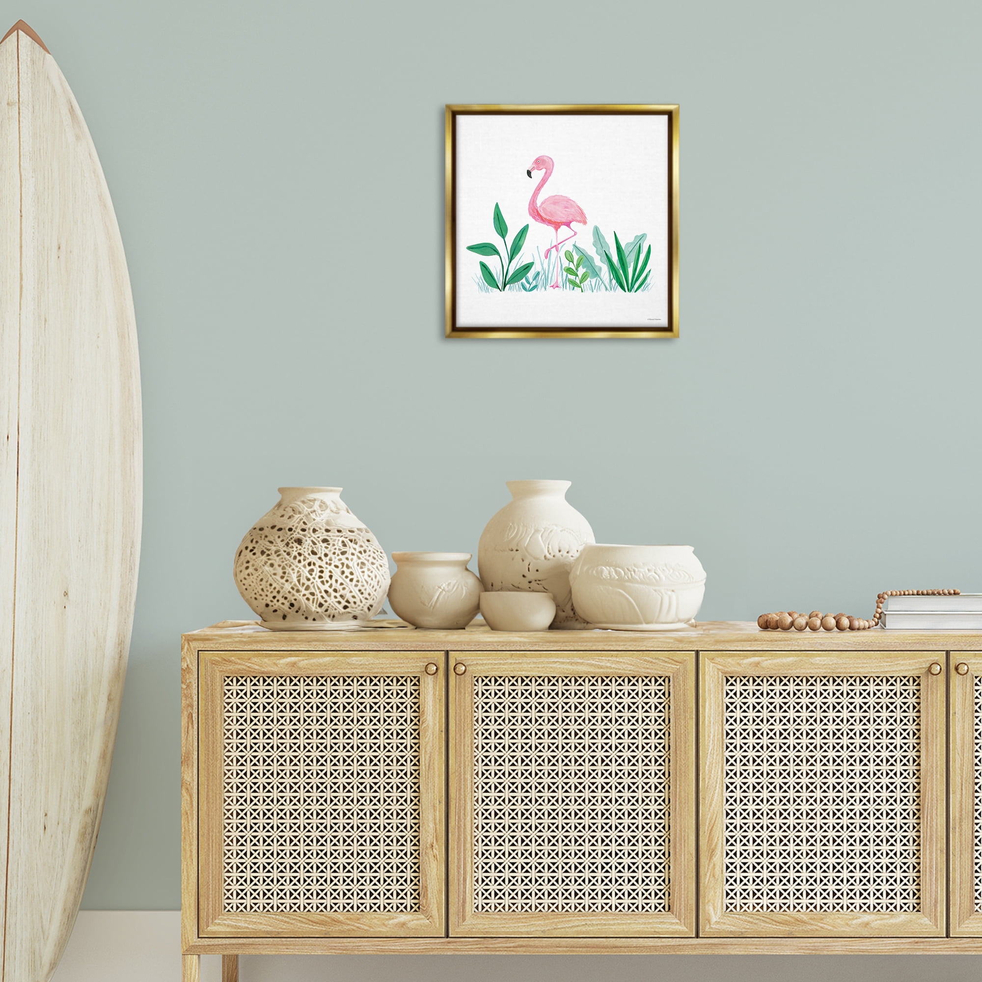 Stupell Industries Summer Flamingo & Fronds Animals Painting Gold Floater Framed Canvas Art Print Wall Art, 18 x 18
